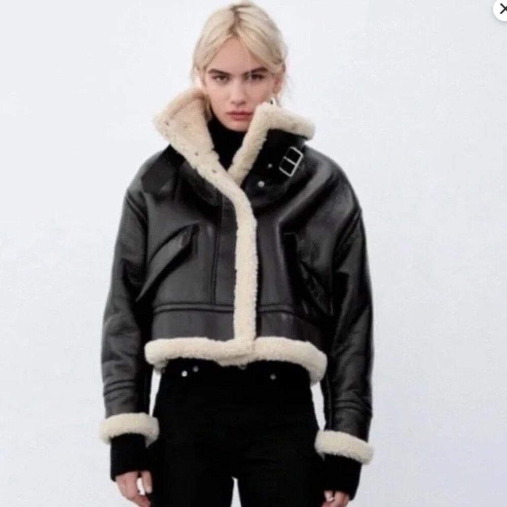 ZARA Black Faux Leather Cream Fleece Lined Sz S